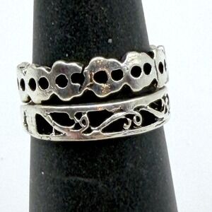 Silver Tone Cutout Band Rings Set of 2 ; Size 5.25 Dainty Stackable Rings